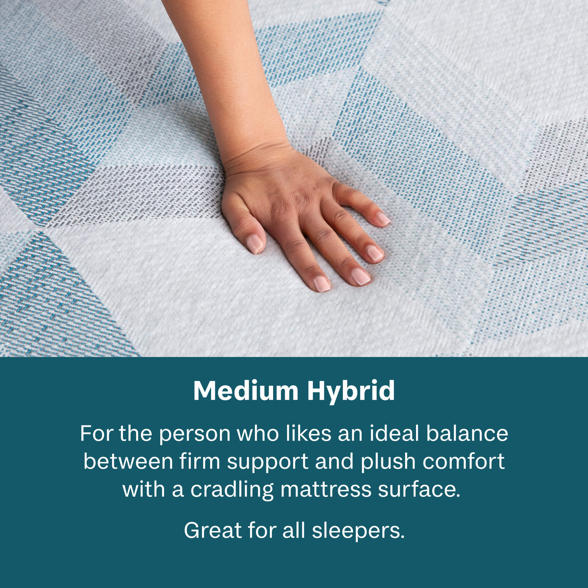 Hand on a textured mattress surface with text describing medium hybrid mattress support.