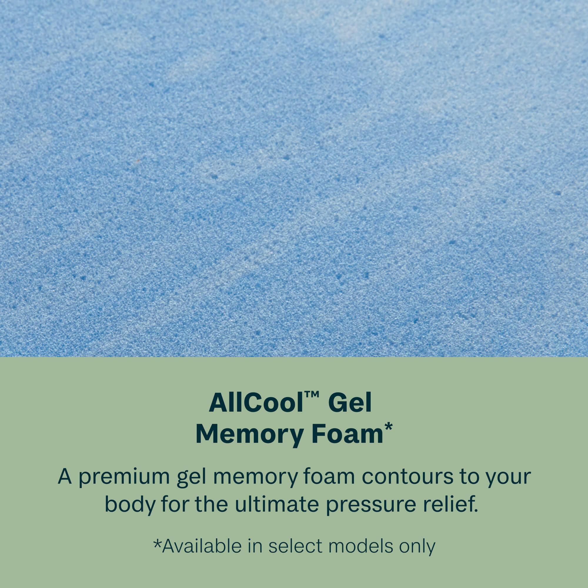 Blue gel memory foam with text about AllCool Gel Memory Foam on a green background