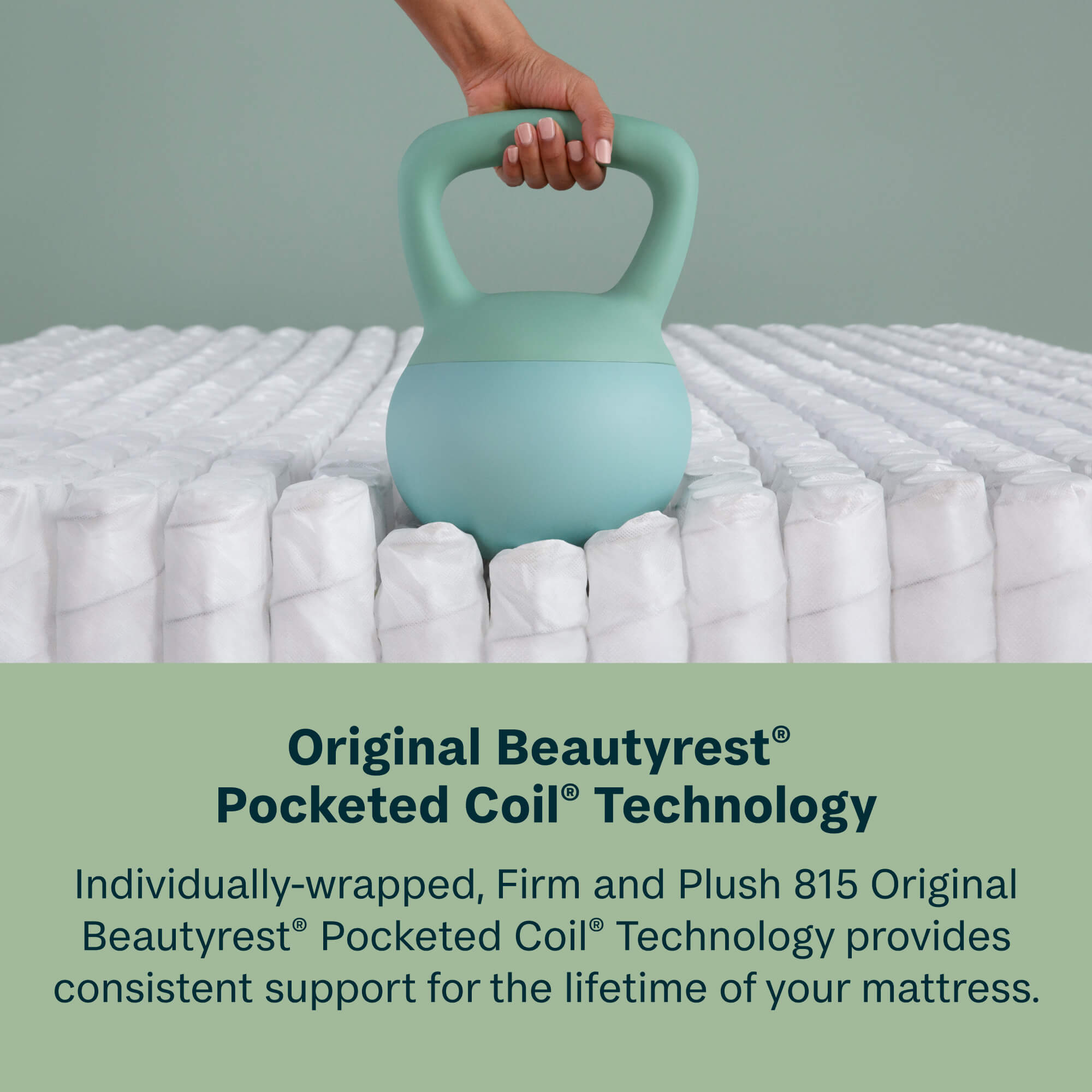 Person lifting a light blue kettlebell over a mattress with text about Beautyrest Pocketed Coil Technology.