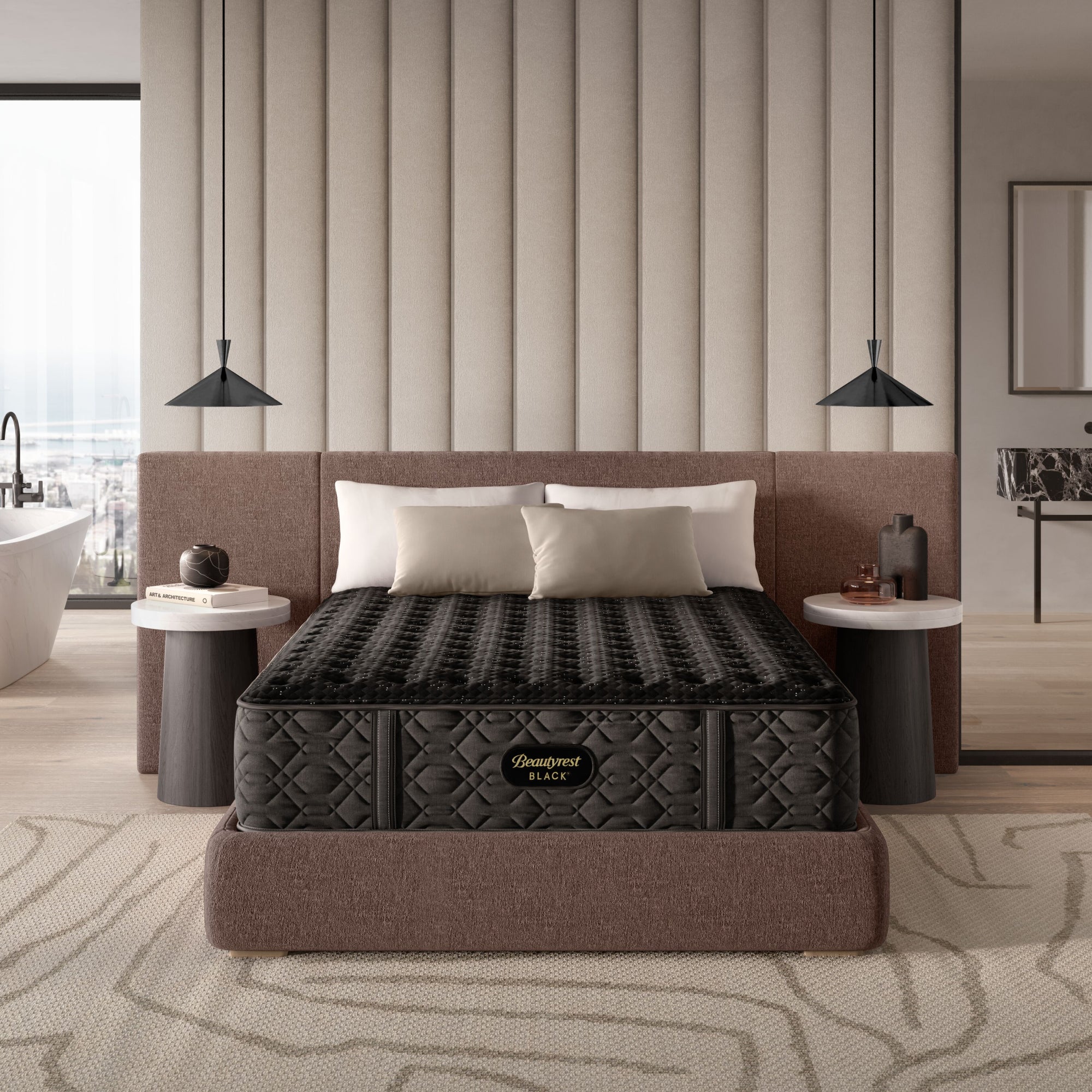 The Beautyrest Black extra firm mattress in a bedroom on a light brown bed frame || series: Series Three || feel: extra firm