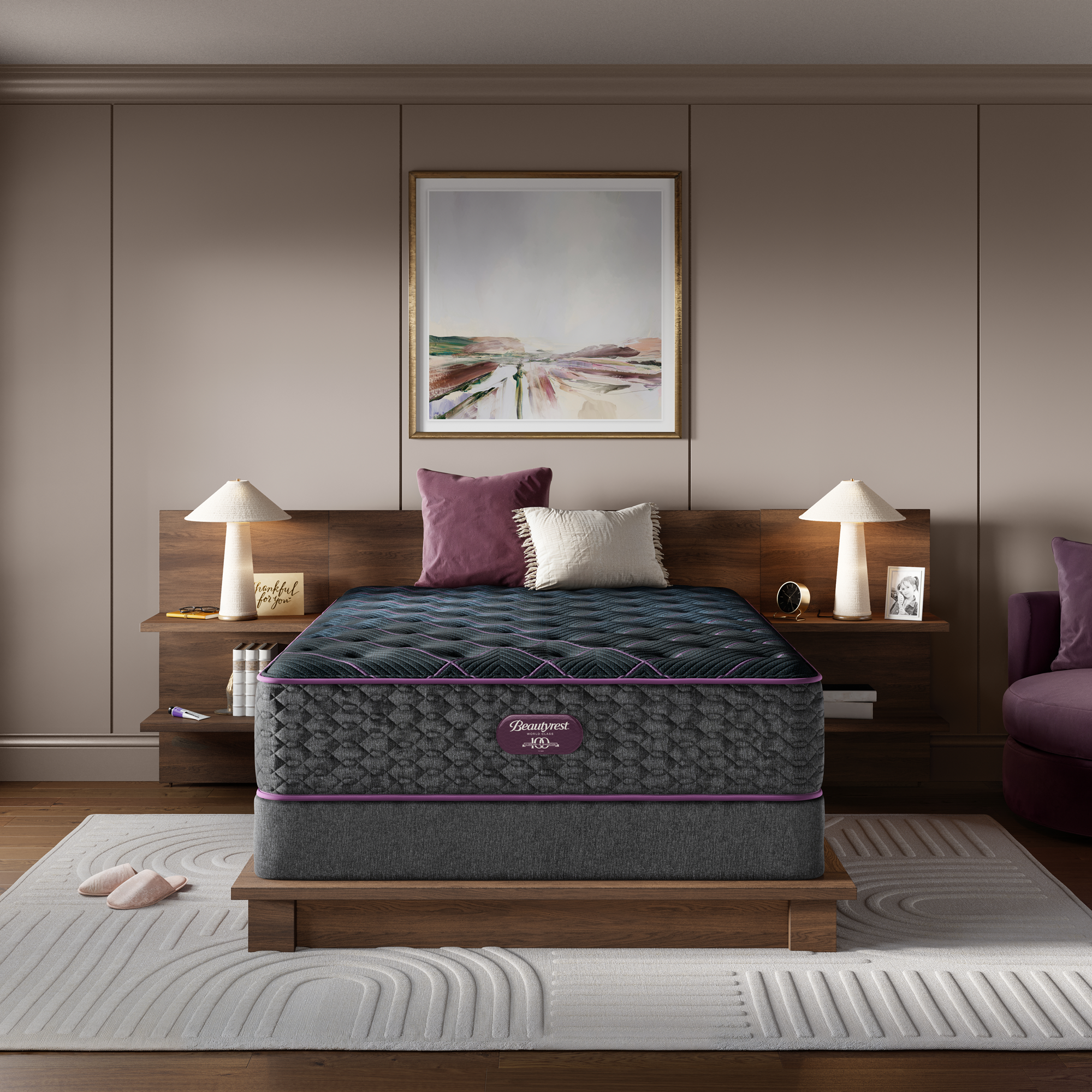 Beautyrest Mattress on a wooden bed frame in a bedroom setting with decor elements on top of a low profile 9" flat foundation